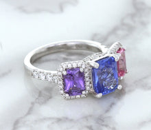 Load image into Gallery viewer, Multicolor Sapphire Ring with Diamond Halo in 18K White Gold