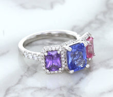 Load image into Gallery viewer, Multicolor Sapphire Ring with Diamond Halo in 18K White Gold