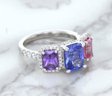 Load image into Gallery viewer, Multicolor Sapphire Ring with Diamond Halo in 18K White Gold