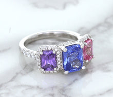 Load image into Gallery viewer, Multicolor Sapphire Ring with Diamond Halo in 18K White Gold