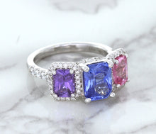 Load image into Gallery viewer, Multicolor Sapphire Ring with Diamond Halo in 18K White Gold