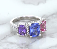 Load image into Gallery viewer, Multicolor Sapphire Ring with Diamond Halo in 18K White Gold