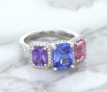 Load image into Gallery viewer, Multicolor Sapphire Ring with Diamond Halo in 18K White Gold