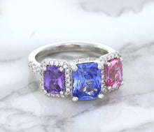 Load image into Gallery viewer, Multicolor Sapphire Ring with Diamond Halo in 18K White Gold