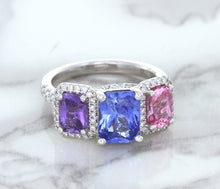 Load image into Gallery viewer, Multicolor Sapphire Ring with Diamond Halo in 18K White Gold