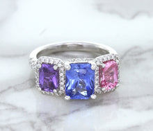 Load image into Gallery viewer, Multicolor Sapphire Ring with Diamond Halo in 18K White Gold