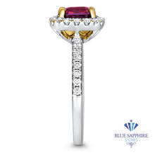Load image into Gallery viewer, 1.60ct Cushion Ruby Ring with Diamond Halo in 18K White Gold
