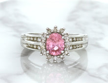 Load image into Gallery viewer, 1.40ct Oval Pink Sapphire Ring with Diamond Halo in 14K White Gold