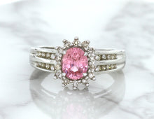 Load image into Gallery viewer, 1.40ct Oval Pink Sapphire Ring with Diamond Halo in 14K White Gold