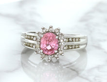 Load image into Gallery viewer, 1.40ct Oval Pink Sapphire Ring with Diamond Halo in 14K White Gold