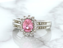 Load image into Gallery viewer, 1.40ct Oval Pink Sapphire Ring with Diamond Halo in 14K White Gold