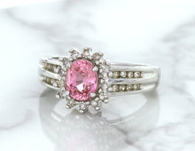 Load image into Gallery viewer, 1.40ct Oval Pink Sapphire Ring with Diamond Halo in 14K White Gold