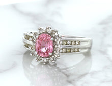 Load image into Gallery viewer, 1.40ct Oval Pink Sapphire Ring with Diamond Halo in 14K White Gold