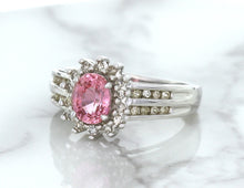 Load image into Gallery viewer, 1.40ct Oval Pink Sapphire Ring with Diamond Halo in 14K White Gold