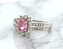 Load image into Gallery viewer, 1.40ct Oval Pink Sapphire Ring with Diamond Halo in 14K White Gold