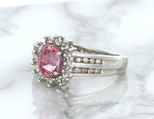 Load image into Gallery viewer, 1.40ct Oval Pink Sapphire Ring with Diamond Halo in 14K White Gold