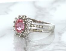 Load image into Gallery viewer, 1.40ct Oval Pink Sapphire Ring with Diamond Halo in 14K White Gold