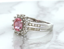 Load image into Gallery viewer, 1.40ct Oval Pink Sapphire Ring with Diamond Halo in 14K White Gold
