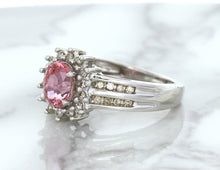 Load image into Gallery viewer, 1.40ct Oval Pink Sapphire Ring with Diamond Halo in 14K White Gold