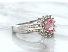 Load image into Gallery viewer, 1.40ct Oval Pink Sapphire Ring with Diamond Halo in 14K White Gold