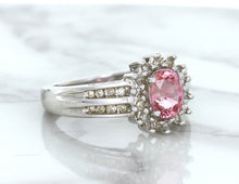 Load image into Gallery viewer, 1.40ct Oval Pink Sapphire Ring with Diamond Halo in 14K White Gold