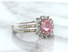 Load image into Gallery viewer, 1.40ct Oval Pink Sapphire Ring with Diamond Halo in 14K White Gold