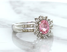 Load image into Gallery viewer, 1.40ct Oval Pink Sapphire Ring with Diamond Halo in 14K White Gold