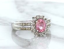Load image into Gallery viewer, 1.40ct Oval Pink Sapphire Ring with Diamond Halo in 14K White Gold