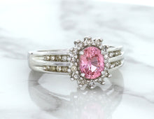 Load image into Gallery viewer, 1.40ct Oval Pink Sapphire Ring with Diamond Halo in 14K White Gold