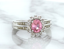Load image into Gallery viewer, 1.40ct Oval Pink Sapphire Ring with Diamond Halo in 14K White Gold