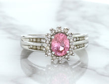 Load image into Gallery viewer, 1.40ct Oval Pink Sapphire Ring with Diamond Halo in 14K White Gold