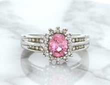 Load image into Gallery viewer, 1.40ct Oval Pink Sapphire Ring with Diamond Halo in 14K White Gold