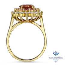 Load image into Gallery viewer, 2.55ct Oval Orange Sapphire Ring with Sapphire and Diamond halo in 18K Yellow Gold