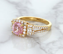 Load image into Gallery viewer, 2.08ct Square Cushion Padparadscha Ring with Diamond Halo in 18K Rose Gold