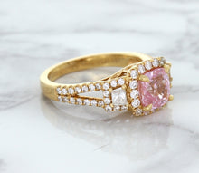 Load image into Gallery viewer, 2.08ct Square Cushion Padparadscha Ring with Diamond Halo in 18K Rose Gold