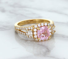 Load image into Gallery viewer, 2.08ct Square Cushion Padparadscha Ring with Diamond Halo in 18K Rose Gold