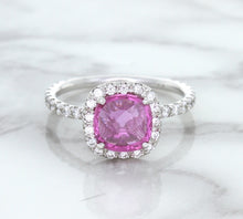 Load image into Gallery viewer, 1.72ct Cushion Pink Sapphire Ring with Diamond Halo in 18K White Gold