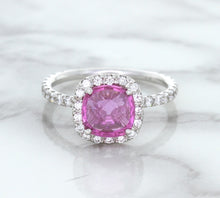 Load image into Gallery viewer, 1.72ct Cushion Pink Sapphire Ring with Diamond Halo in 18K White Gold