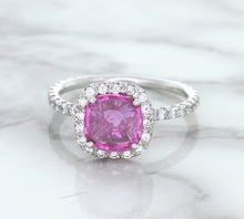 Load image into Gallery viewer, 1.72ct Cushion Pink Sapphire Ring with Diamond Halo in 18K White Gold