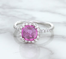 Load image into Gallery viewer, 1.72ct Cushion Pink Sapphire Ring with Diamond Halo in 18K White Gold