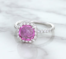 Load image into Gallery viewer, 1.72ct Cushion Pink Sapphire Ring with Diamond Halo in 18K White Gold