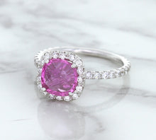 Load image into Gallery viewer, 1.72ct Cushion Pink Sapphire Ring with Diamond Halo in 18K White Gold