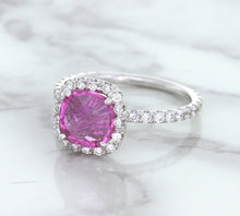 Load image into Gallery viewer, 1.72ct Cushion Pink Sapphire Ring with Diamond Halo in 18K White Gold