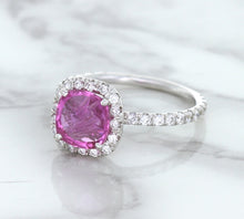 Load image into Gallery viewer, 1.72ct Cushion Pink Sapphire Ring with Diamond Halo in 18K White Gold