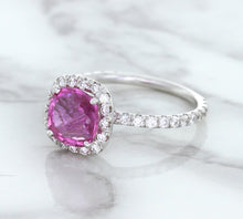 Load image into Gallery viewer, 1.72ct Cushion Pink Sapphire Ring with Diamond Halo in 18K White Gold