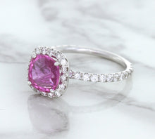 Load image into Gallery viewer, 1.72ct Cushion Pink Sapphire Ring with Diamond Halo in 18K White Gold