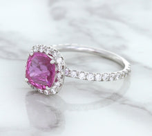 Load image into Gallery viewer, 1.72ct Cushion Pink Sapphire Ring with Diamond Halo in 18K White Gold