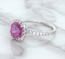 Load image into Gallery viewer, 1.72ct Cushion Pink Sapphire Ring with Diamond Halo in 18K White Gold