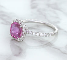Load image into Gallery viewer, 1.72ct Cushion Pink Sapphire Ring with Diamond Halo in 18K White Gold
