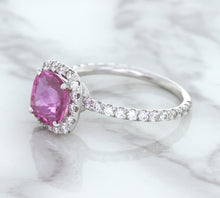 Load image into Gallery viewer, 1.72ct Cushion Pink Sapphire Ring with Diamond Halo in 18K White Gold
